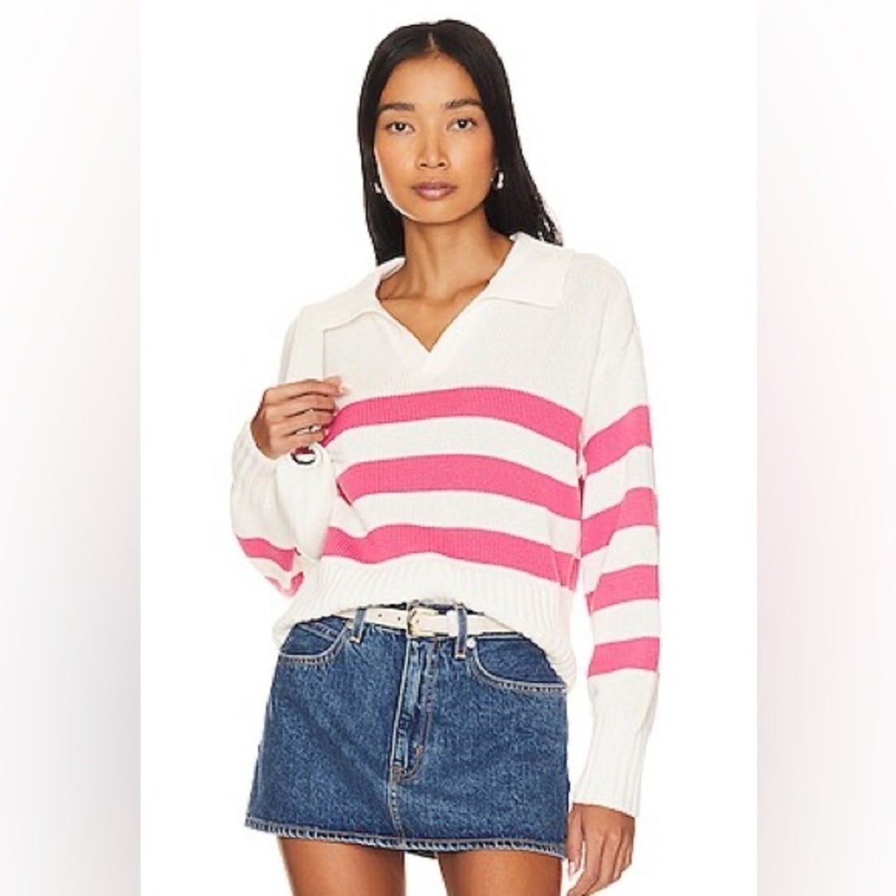 Pistola Womens Pink White‎ Striped Polo Collar Knit Sweater Large Long Sleeve
